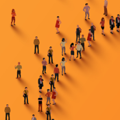 Groep mensen die verspreid staan en lopen op een oranje achtergrond