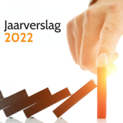 Omslag van het Jaarverslag 2022 met een hand die dominostenen aanraakt.