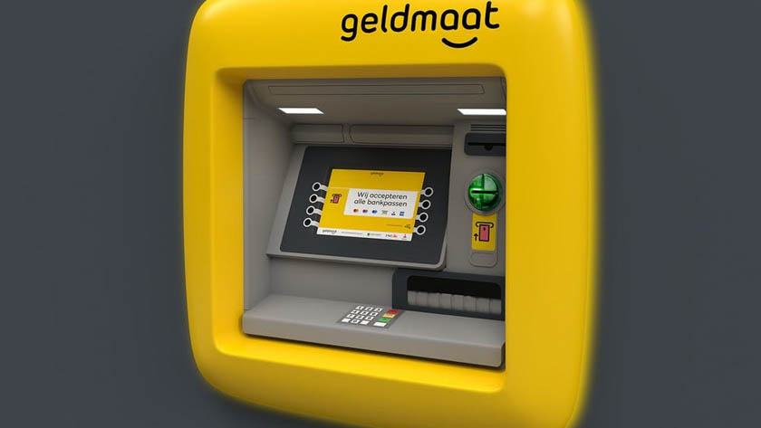 Gele geldautomaat met de tekst 'Geldmaat'