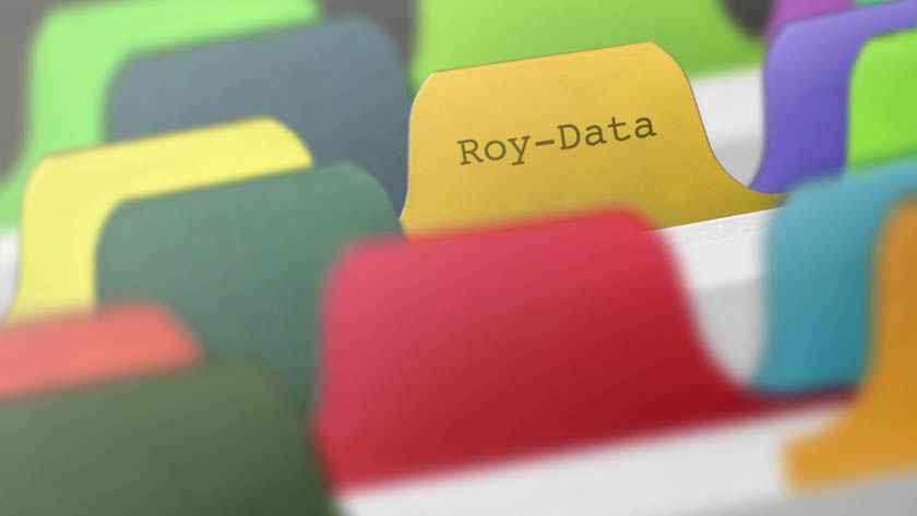 Kleurrijke tabbladen van dossiermappen, met één geel tabblad waarop prominent de tekst "Roy-Data" staat. 