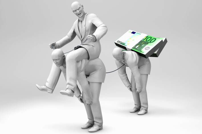 Symbolische 3D-afbeelding van drie mannen in pak. Eén man zit lachend op de rug van een tweede man, die gebukt gaat onder zijn gewicht. De tweede man is op zijn beurt met een touw verbonden aan een derde man, die een grote stapel van 100-eurobiljetten op zijn rug draagt.