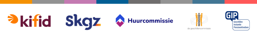 Rij met logo’s van organisaties op een witte achtergrond. Van links naar rechts staan het logo van Kifid, SKGZ, de Huurcommissie, De Geschillencommissie en GIP Geschillen Instantie Pensioenfondsen. Boven de logo’s loopt een smalle gekleurde balk.